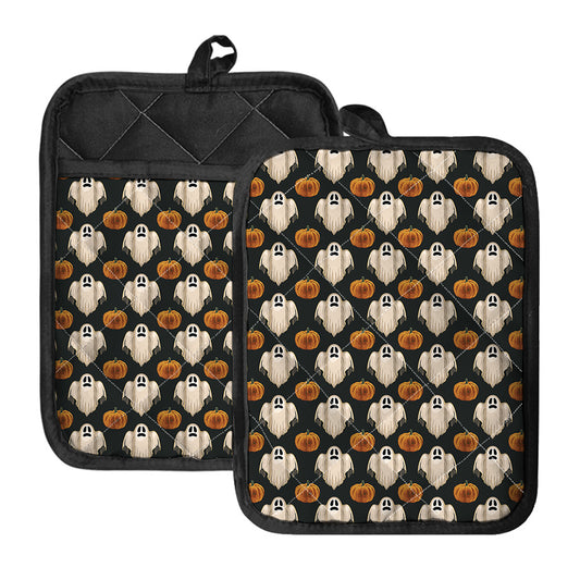 Ghost And Pumpkin Pattern Print Pot Holders With Pocket
