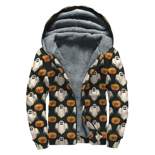 Ghost And Pumpkin Pattern Print Sherpa Lined Zip Up Hoodie