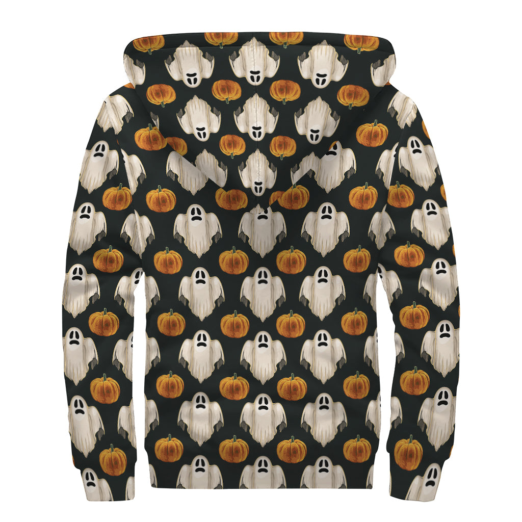 Ghost And Pumpkin Pattern Print Sherpa Lined Zip Up Hoodie