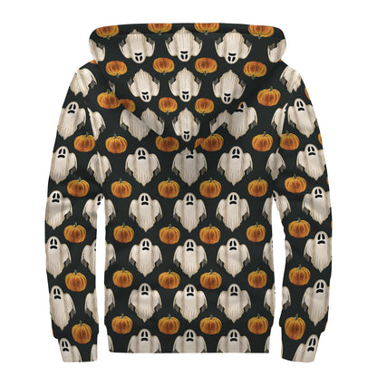 Ghost And Pumpkin Pattern Print Sherpa Lined Zip Up Hoodie