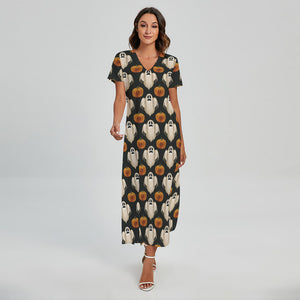 Ghost And Pumpkin Pattern Print Short Sleeve Maxi Dress