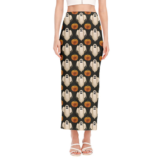 Ghost And Pumpkin Pattern Print Side Slit Maxi Skirt