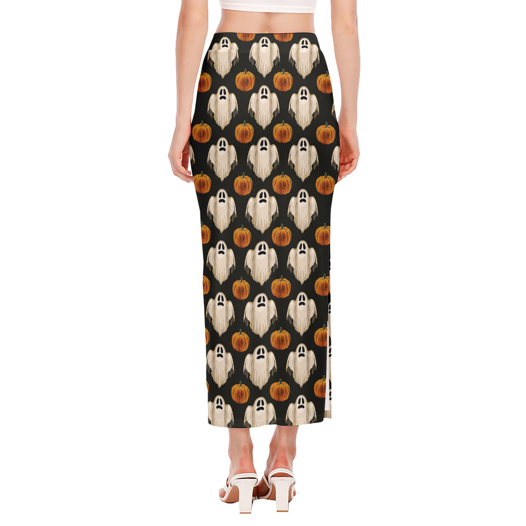 Ghost And Pumpkin Pattern Print Side Slit Maxi Skirt