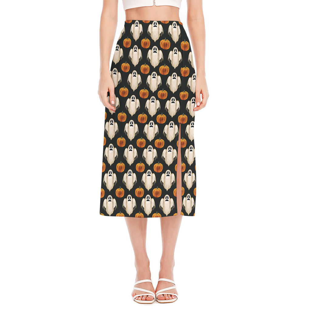 Ghost And Pumpkin Pattern Print Side Slit Midi Skirt