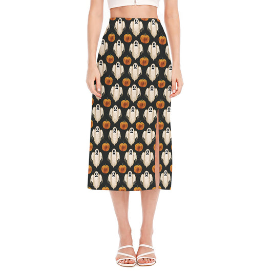 Ghost And Pumpkin Pattern Print Side Slit Midi Skirt