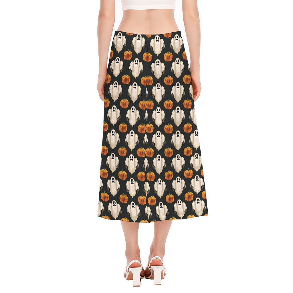 Ghost And Pumpkin Pattern Print Side Slit Midi Skirt