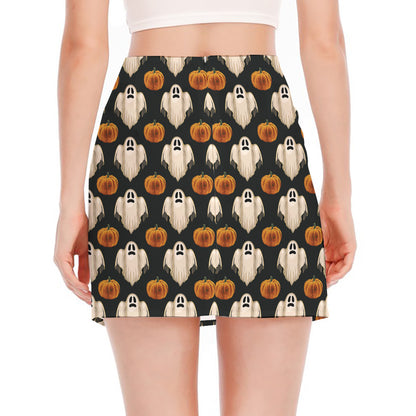 Ghost And Pumpkin Pattern Print Side Slit Mini Skirt
