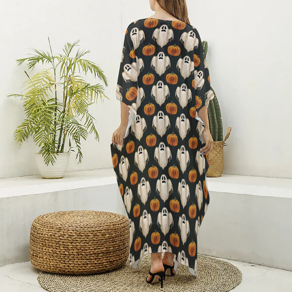 Ghost And Pumpkin Pattern Print Silk V-Neck Kaftan Dress