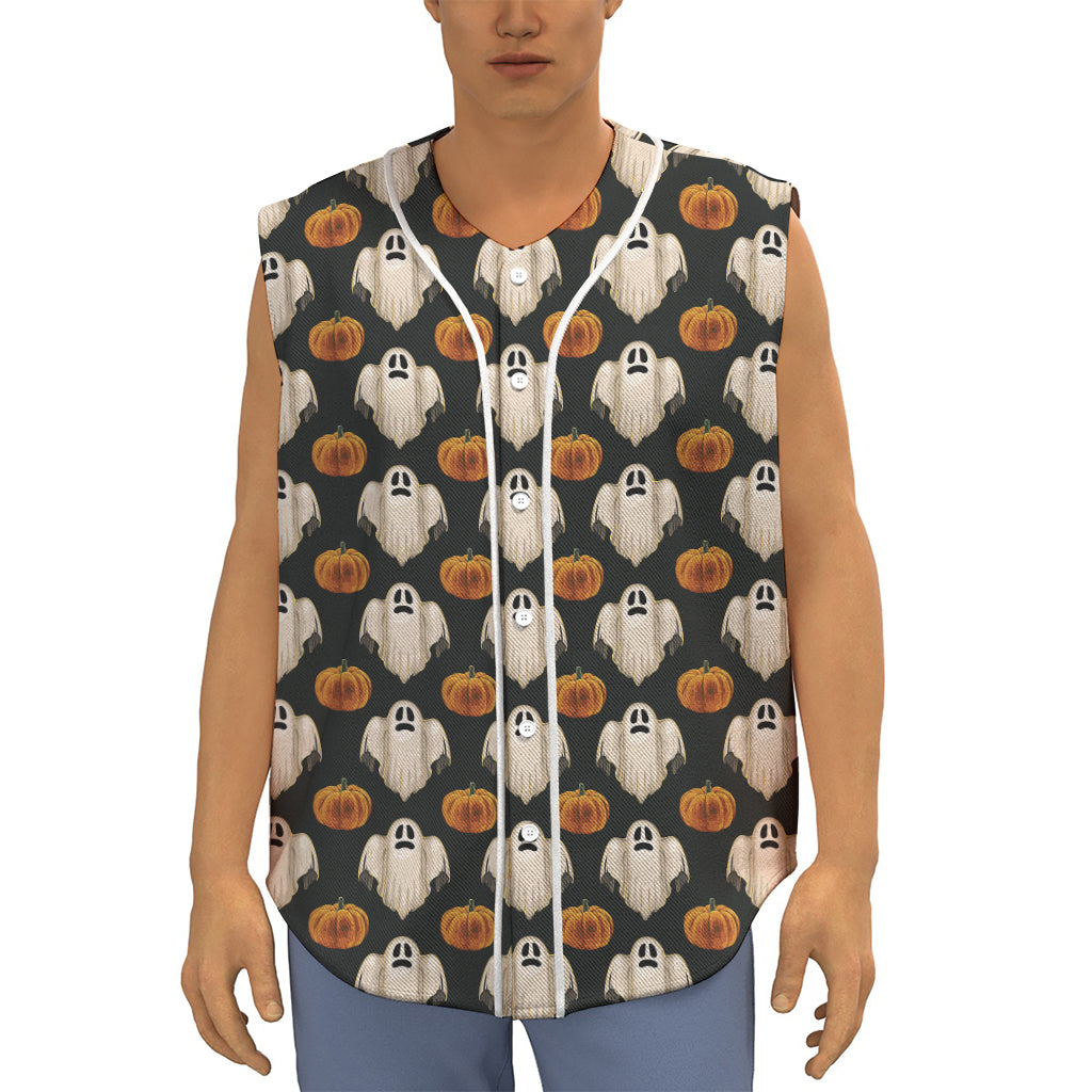 Ghost And Pumpkin Pattern Print Sleeveless Baseball Jersey