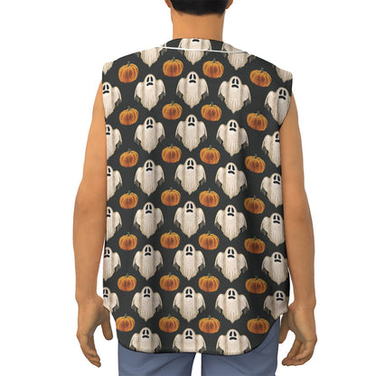 Ghost And Pumpkin Pattern Print Sleeveless Baseball Jersey