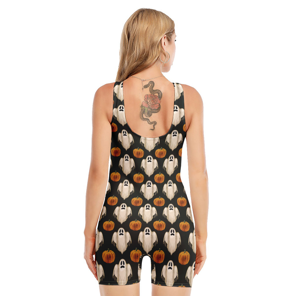 Ghost And Pumpkin Pattern Print Sleeveless One Piece Swimsuit