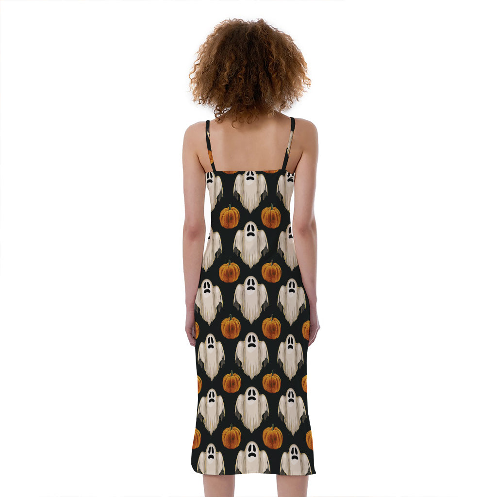 Ghost And Pumpkin Pattern Print Slim Fit Midi Cami Dress