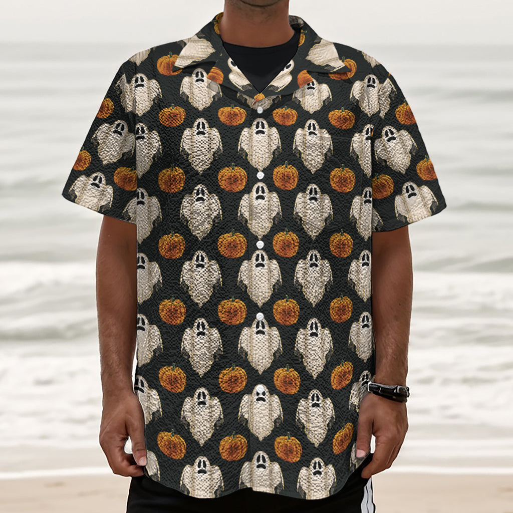 Ghost And Pumpkin Pattern Print Textured Short Sleeve Shirt