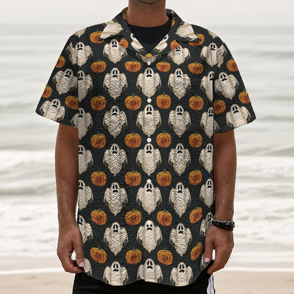 Ghost And Pumpkin Pattern Print Textured Short Sleeve Shirt
