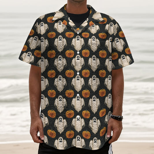 Ghost And Pumpkin Pattern Print Textured Short Sleeve Shirt