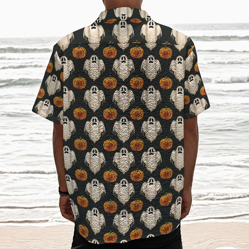 Ghost And Pumpkin Pattern Print Textured Short Sleeve Shirt