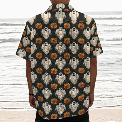 Ghost And Pumpkin Pattern Print Textured Short Sleeve Shirt