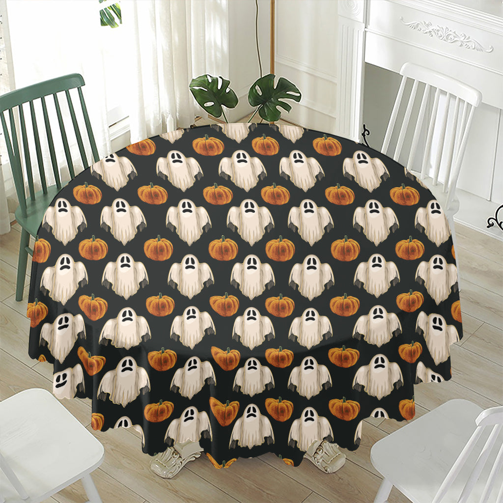 Ghost And Pumpkin Pattern Print Waterproof Round Tablecloth