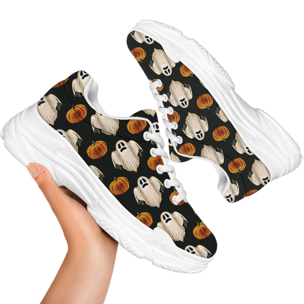 Ghost And Pumpkin Pattern Print White Chunky Shoes