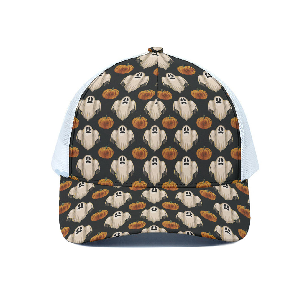 Ghost And Pumpkin Pattern Print White Mesh Trucker Cap