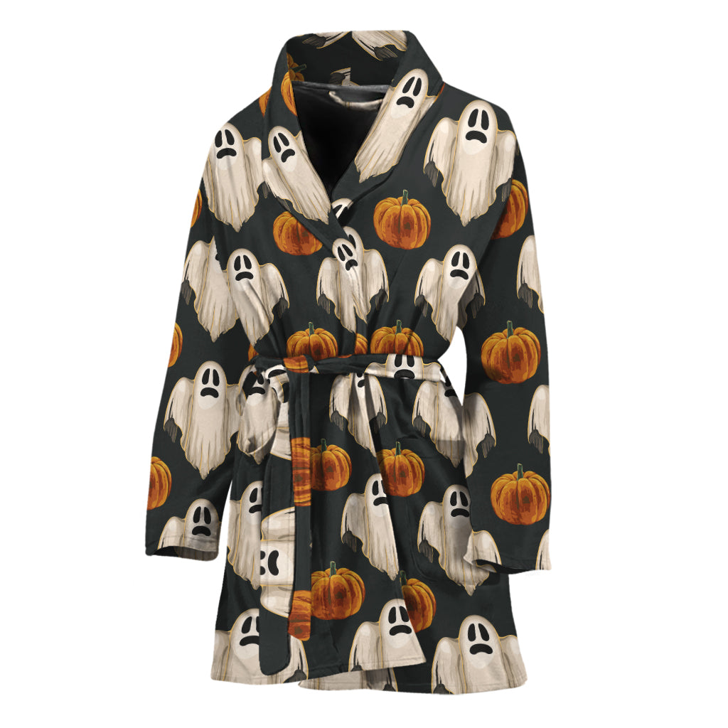 Ghost And Pumpkin Pattern Print Women's Bathrobe