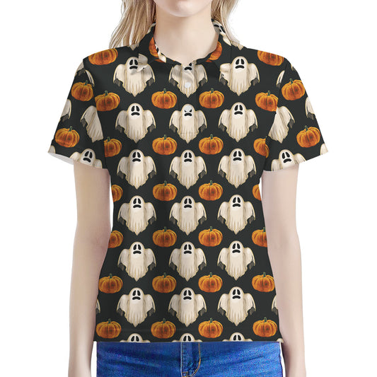 Ghost And Pumpkin Pattern Print Women's Polo Shirt