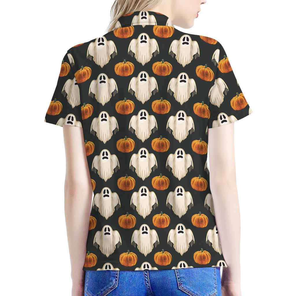 Ghost And Pumpkin Pattern Print Women's Polo Shirt