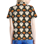 Ghost And Pumpkin Pattern Print Women's Polo Shirt