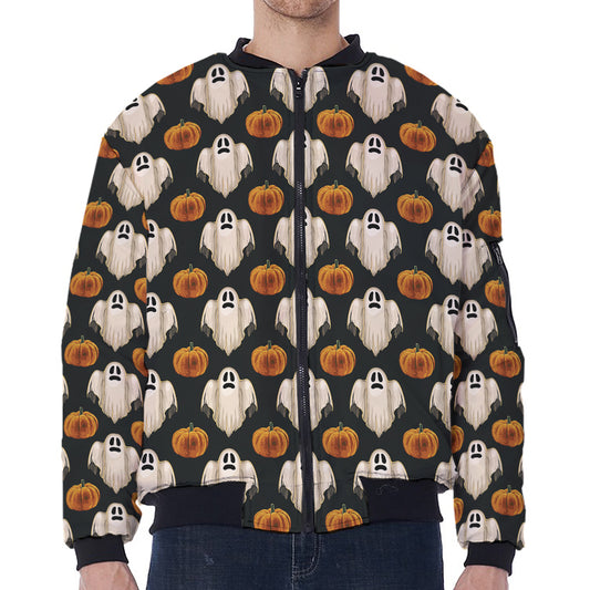 Ghost And Pumpkin Pattern Print Zip Sleeve Bomber Jacket