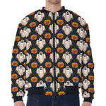 Ghost And Pumpkin Pattern Print Zip Sleeve Bomber Jacket