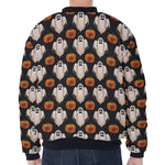 Ghost And Pumpkin Pattern Print Zip Sleeve Bomber Jacket