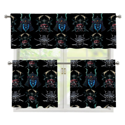 Ghost Samurai Mask Pattern Print 3 Piece Kitchen Curtains