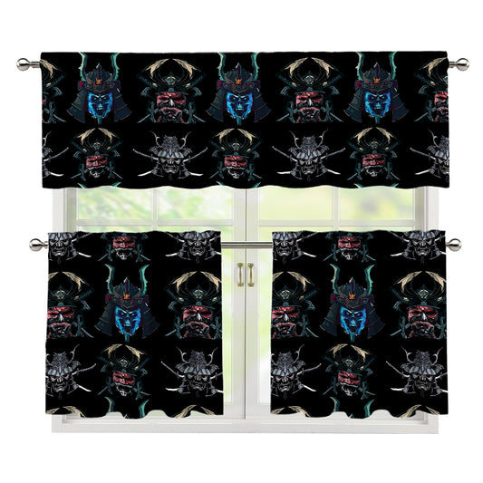 Ghost Samurai Mask Pattern Print 3 Piece Kitchen Curtains