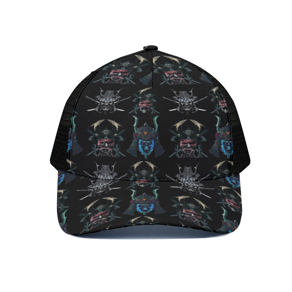 Ghost Samurai Mask Pattern Print Black Mesh Trucker Cap