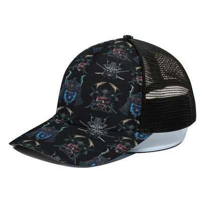 Ghost Samurai Mask Pattern Print Black Mesh Trucker Cap