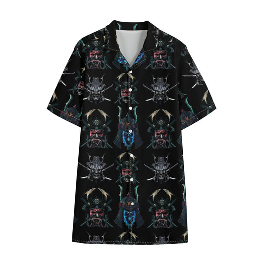 Ghost Samurai Mask Pattern Print Cotton Hawaiian Shirt