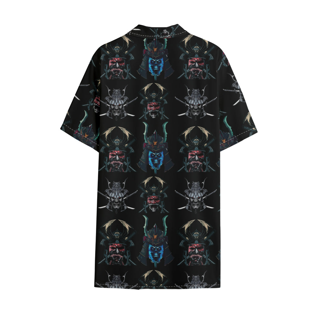 Ghost Samurai Mask Pattern Print Cotton Hawaiian Shirt