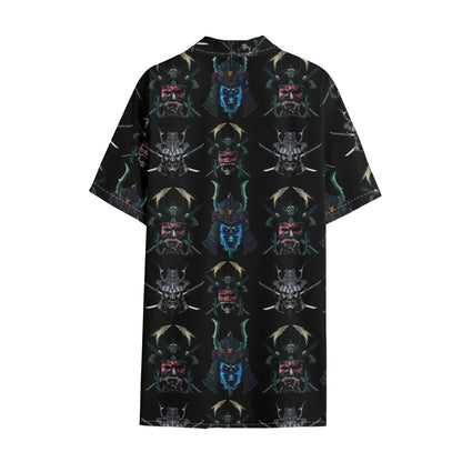 Ghost Samurai Mask Pattern Print Cotton Hawaiian Shirt