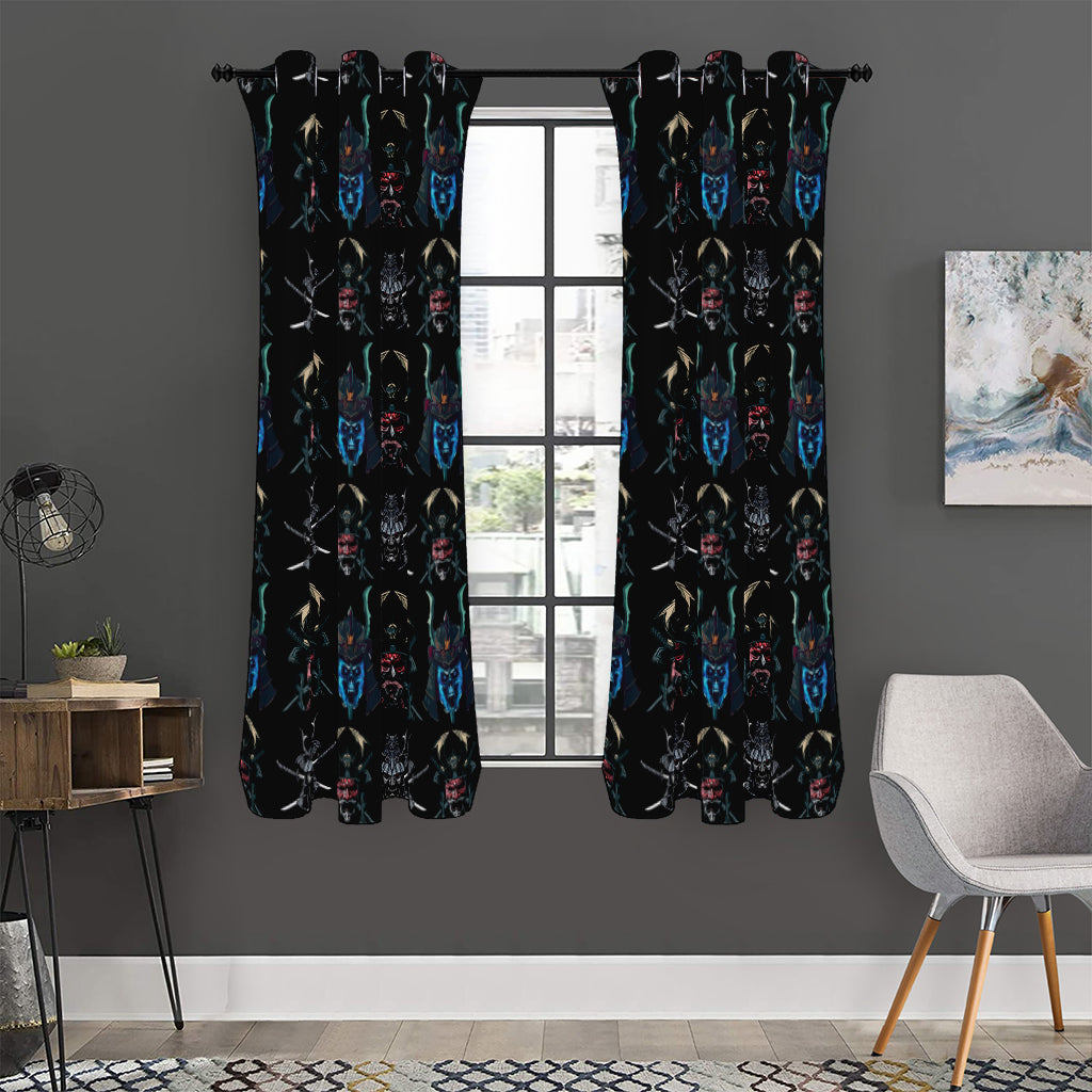 Ghost Samurai Mask Pattern Print Curtain