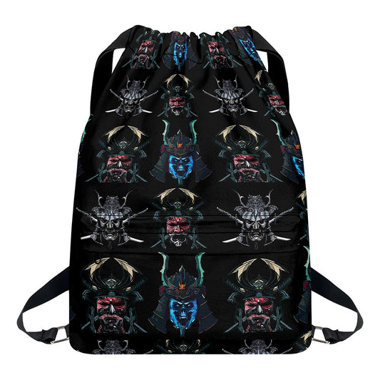 Ghost Samurai Mask Pattern Print Drawstring Backpack