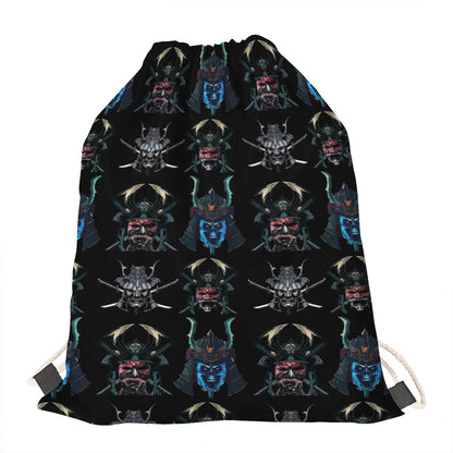 Ghost Samurai Mask Pattern Print Drawstring Bag