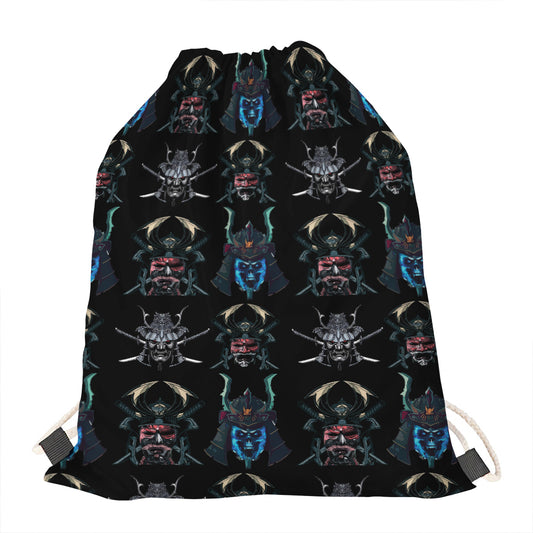 Ghost Samurai Mask Pattern Print Drawstring Bag