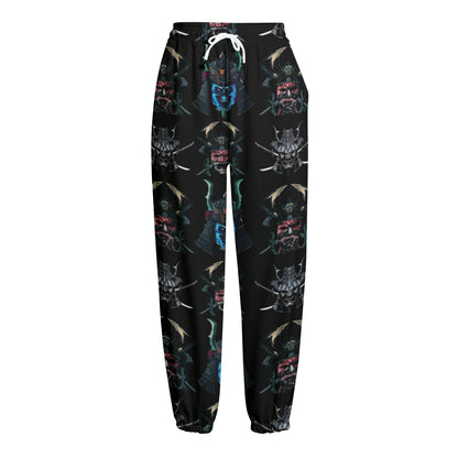 Ghost Samurai Mask Pattern Print Fleece Lined Knit Pants