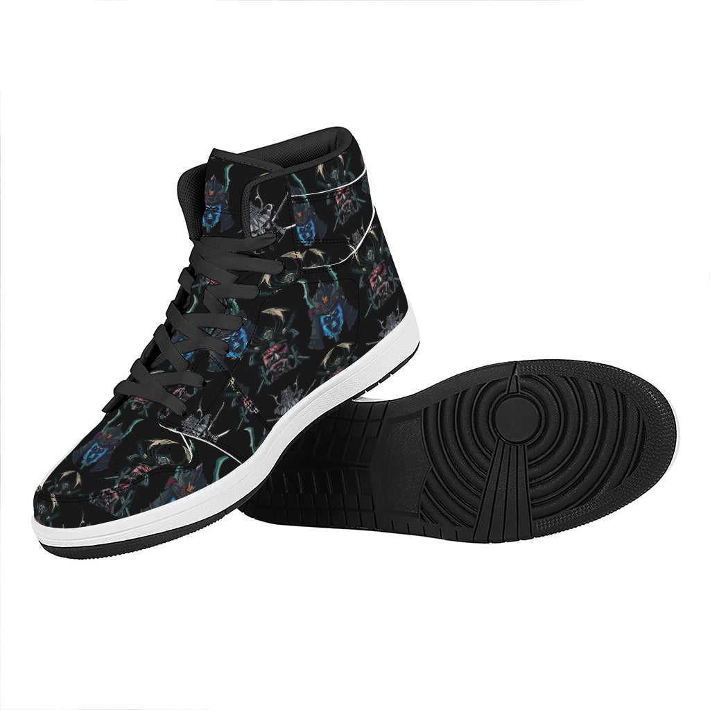 Ghost Samurai Mask Pattern Print High Top Leather Sneakers