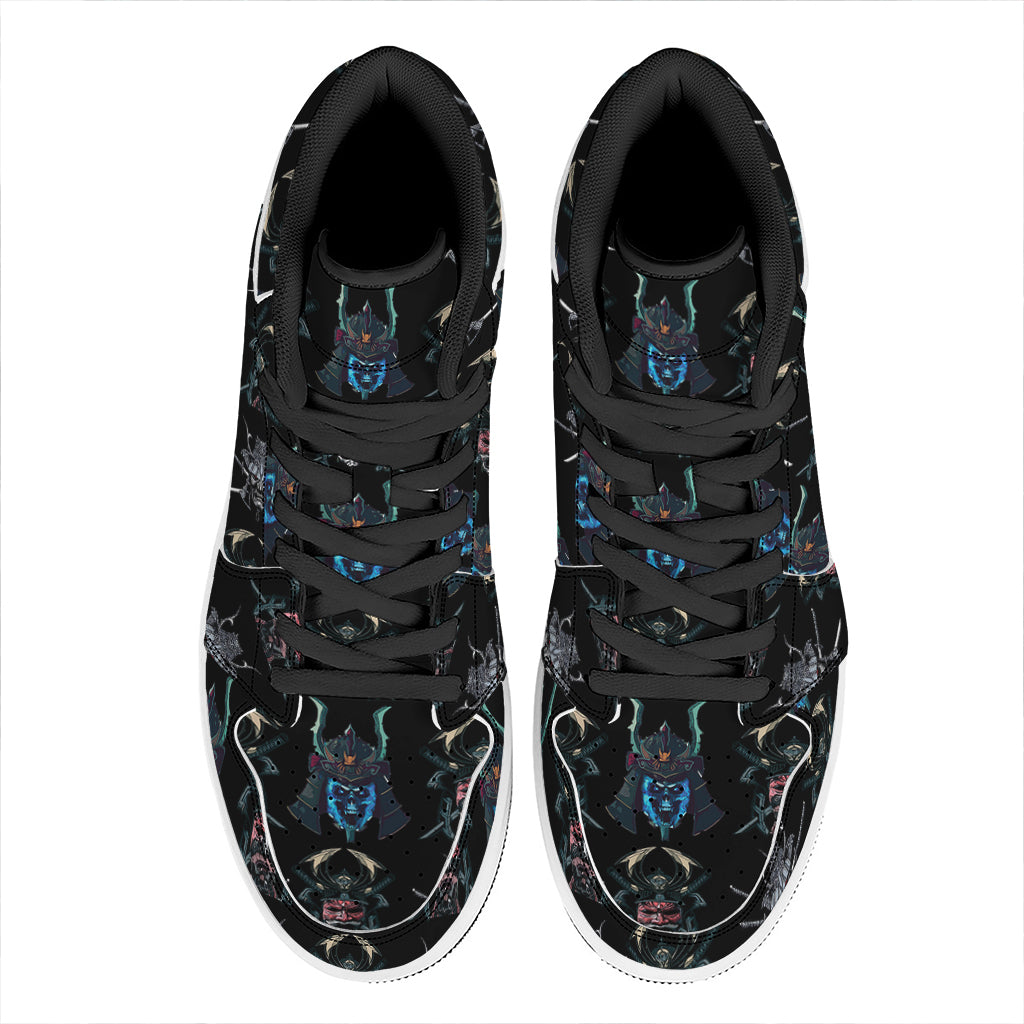 Ghost Samurai Mask Pattern Print High Top Leather Sneakers