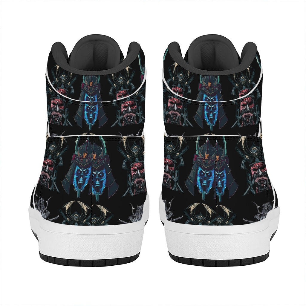 Ghost Samurai Mask Pattern Print High Top Leather Sneakers