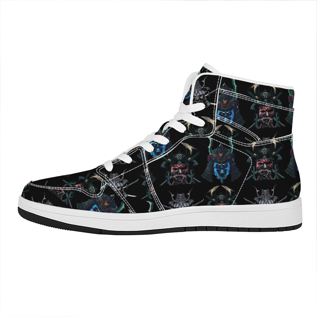 Ghost Samurai Mask Pattern Print High Top Leather Sneakers