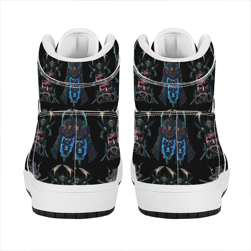 Ghost Samurai Mask Pattern Print High Top Leather Sneakers