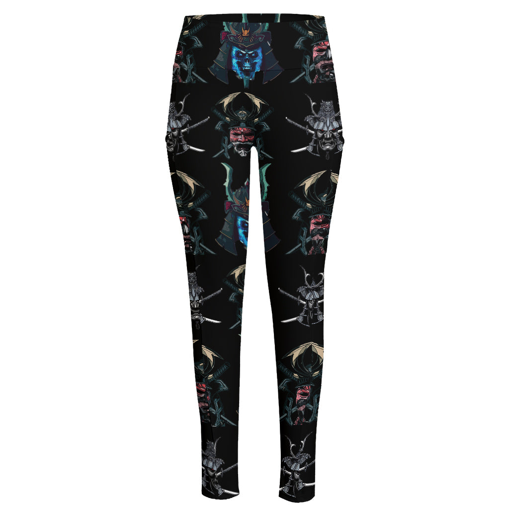 Ghost Samurai Mask Pattern Print High-Waisted Pocket Leggings