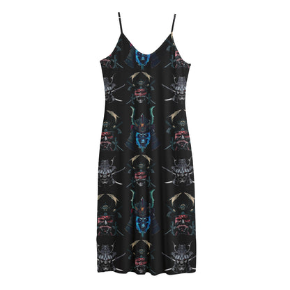 Ghost Samurai Mask Pattern Print Jersey Midi Cami Dress